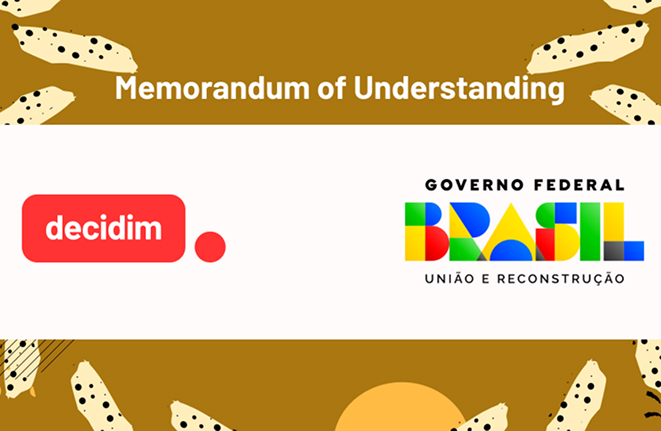 Text reading "Memorandum of Understanding" above a white banner showing the Decidim logo and the Brazilian federal governments "Governo Federal Brasil, União e Reconstrução" logo, set against a brown patterned background.